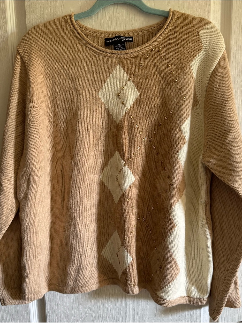 Norton McLaughton Women's 1X NEW Ivory Beige Knit Crew Neck Beaded Pullover